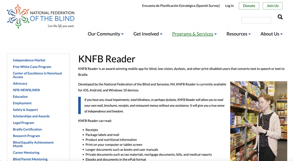 A screenshot of the NFB page for the OneStep Reader.  